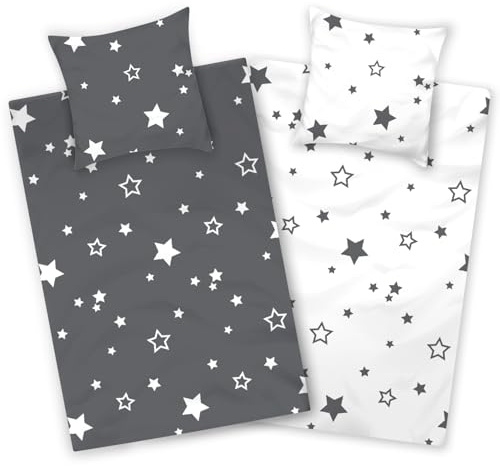 Aminata kids Bettwäsche 135x200 Sterne Kinder anthrazit weiß 100% Baumwolle | Wende-Bettwäsche-Set Stern-Motiv mit Reißverschluss weich & atmungsaktiv Jungen Mädchen grau Jugendliche Teenager