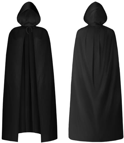 AOOWU Schwarzer Umhang, Mittelalter Umhang Kapuzenumhang, Vampir Umhang mit Kapuze, für Erwachsene, für Halloween Weihnachten Karneval Kostüm Einseitig(170CM)