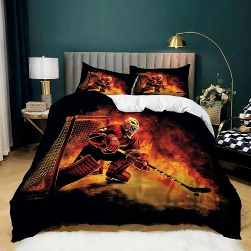 Bettwäsche Sets Sport Eishockey Feuerwehr 155 cm x 220 cm Schwarz Rot, Weich Drucken Microfaser 3 Teilig Sets Bettbezug und 2 Kissenbezug mit Reißverschluss für Herbst Winter