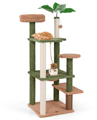 GOPLUS Arbre à Chat 152cm avec Feuilles Vertes Artificielle, Arbre a Chat à Plusieurs Niveaux avec Perchoir, Hamac, Griffoirs en Sisal, Auto-toiletteur, Corde, Balle