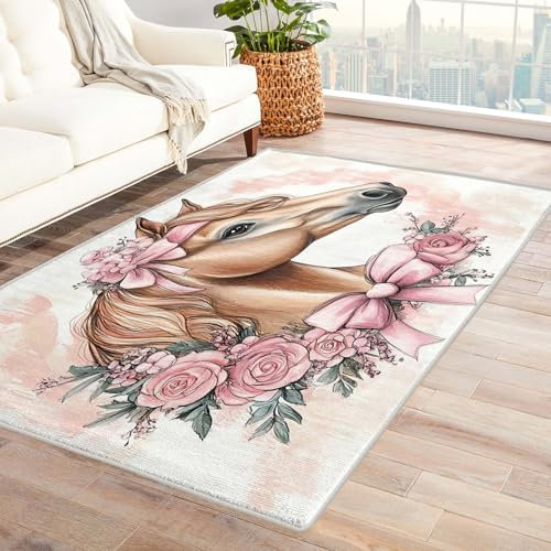 Generisch - Pferde Teppich Kinderzimmer - Rosa Blumen & Tier, Großer Teppich 160x230 cm, Weich Kurzflor & Rutschfest & Waschbar