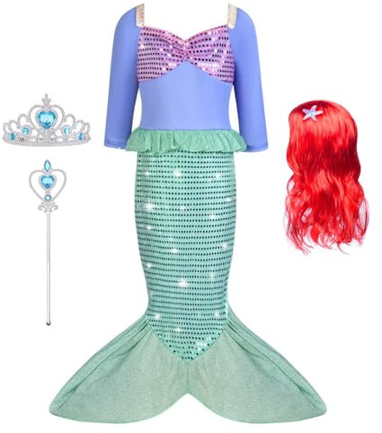 AUYAO Meerjungfrau Kostüm Mädchen Kinder Langärmliges Prinzessinnenkleid Meerjungfrau Prinzessin Kleid Dress Up mit roter Perücke Krone Spazierstock für Karneval Party Halloween Cosplay Geburtstag 100
