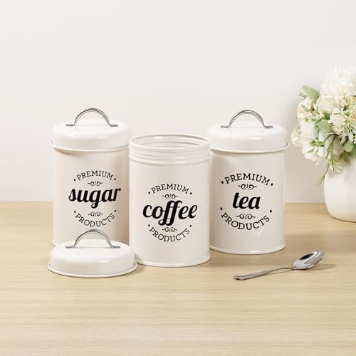 Coffee Tea and Sugar Canister Sets, 1L Airtight Tea Coffee Sugar Jars Elegant Versatile Cream Storage Canisters Vintage Retro Style Kitchen Organizer for Dry Food, Flour, Seeds, Nuts (set 2)