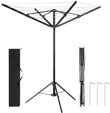 Vivo Technologies 16M 4 Arm Washing Line Freestanding Portable Rotary Airer, Camping Washing Line With 3 Stable Legs Foldable Dryer Clothes Airer for Indoor & Outdoor
