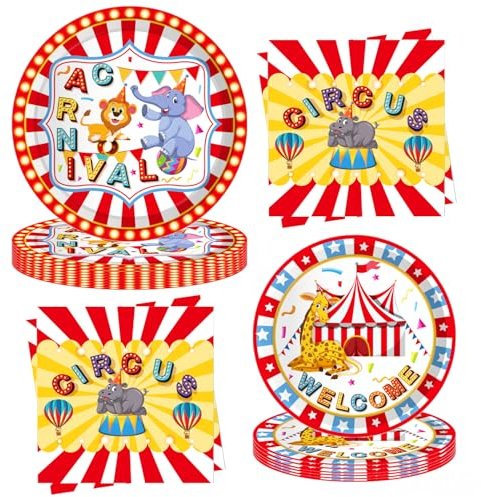 OADHSUWGS 40 Pcs Carnival Circus Party Tableware Set Include Plates and Napkins Carnival Theme Decorations Circus Party Supplies Serves 10 Guests