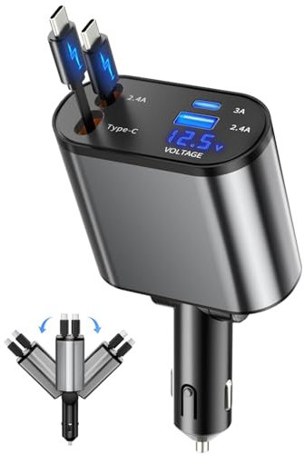 Powice 4 in 1 Auto Ladegerät, 60W Autoladegerät Zigarettenanzünder, Ladekabel Auto Zigarettenanzünder mit Einziehbare Typ-C Kabel/USB C/USB A, 24/12V KFZ Ladegerät Auto für BMW, Audi, Mercedes Benz