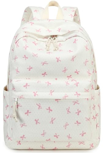 LEDAOU Rucksack für Teenager Mädchen Schulrucksack große Büchertaschen Grundschule High School Cord leichte Laptop-Taschen für Mädchen Frauen Casual Travel (1, Rosa Schmetterlinge Wellenpunkte)