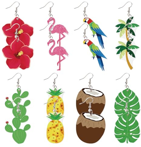 CREATCABIN 8 Paar/Stile Sommerohrringe Für Frauen Hawaiianische Tropische Acryl Ohrhänger Ananasblatt Kokosnuss Kaktus Flamingo Blume Strand Ohrring Set Charms Schmuck Für Feiertagsgeschenke