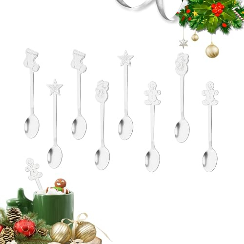 Kleinigkeiten für Adventskalender, panemy Edelstahl Weihnachtslöffel, Wichtelgeschenke Weihnachten, Geschirr Weihnachten, Geschenk Kaffeel Kuchenlöffel Tee Löffel, Marmeladenlöffel (8, 4H Silber)
