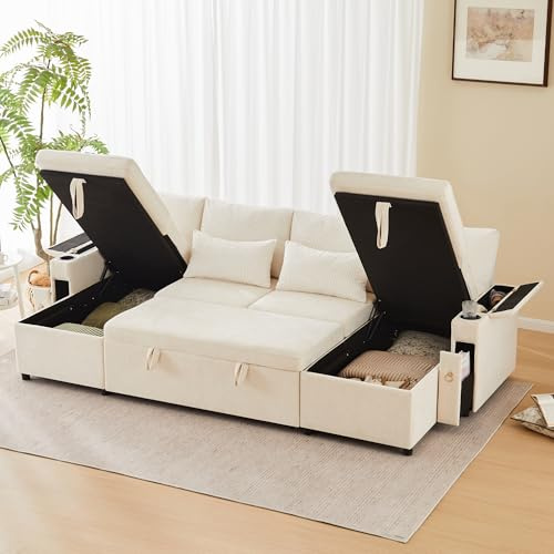 Merax Ecksofa mit Schlaffunktion, Ausziehbares U-Form Schlafsofa mit Bettkasten, Doppel-Chaiselongue mit verstecktem Stauraum, Praktisches Schlafcouch mit Getränkehalter, Armlehnenfach, Big Sofa-Beige
