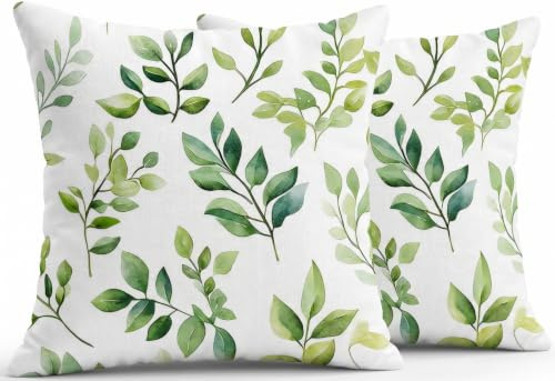 JANGYUHH 2er Set Outdoor Kissenbezug 45x45 Wasserdicht Dekokissen, Sommer Modernes Grünblätter Design,Kissenbezüge Garten Balkon, Doppelseitig Bedruckt, Leinen-Polyester Mix für Sofa Couch Schwimmbad