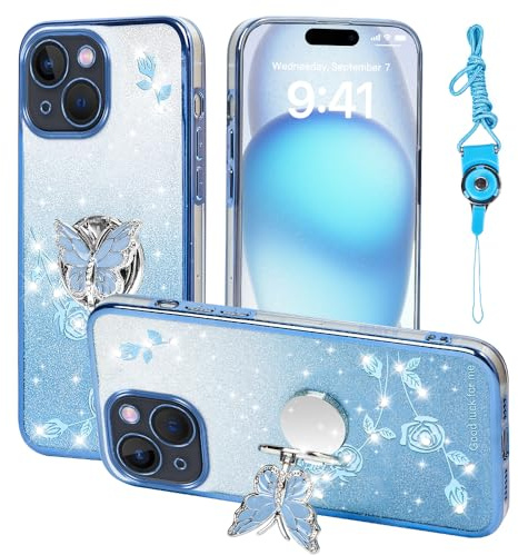 GHTUGHN For Apple iPhone 14 Plus (6.7 Inch) Phone Case, for Women and Girls, Glitter Butterfly Flower TPU Protective Case with Stand + Strap Case Cover for iPhone 14 Plus (Blue)