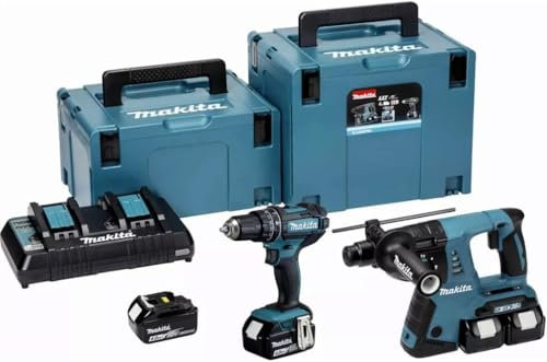 Makita DLX2137PTJ Twin 18V Li-ion LXT 2 Piece Combo Kit comprising DHP482Z and DHR263ZJ Complete with 4 x 5.0 Ah Batteries and Twin Port Charger Supplied in 2 Makpac Cases