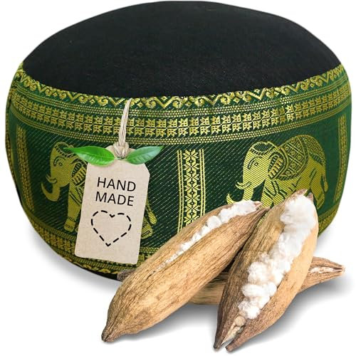 Livasia Meditationskissen Thaiseide - Ø 32x20cm - Yogakissen klein mit Kapok, Pouf, Bodenkissen Yoga Zen Meditation, Sitzkissen Garten Balkon, Zafukissen handgefertigt (Schwarz/Grün/Elefanten Seide)