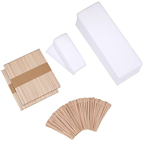 Yaomiao 250 Pcs Waxing Strips with Wooden Sticks Hair Removal, White | Nonwoven Wax Strips for Body Face Leg, Wooden Applicator Sticks, Home Salon Use, Professional Hair Removal Kit