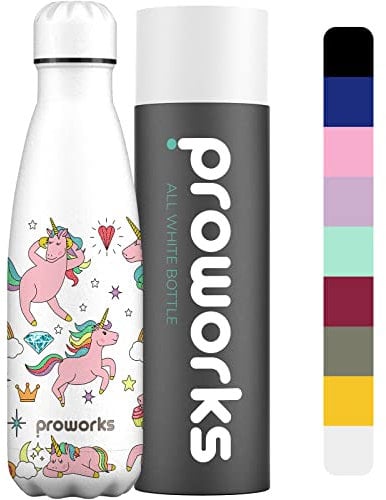 Proworks Edelstahl Trinkflasche | 24 Std. Kalt und 12 Std. Heiß - Vakuum Wasserflasche - Isolierflasche für Sport, Laufen, Fahrrad, Yoga, Wandern und Camping - 1 Liter - Weiß - Einhorn