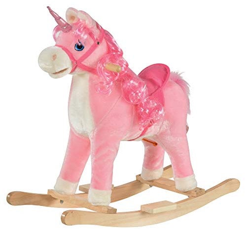 HOMCOM Kids Plush Rocking Horse Ride On Unicorn w/Sound Moving Mouth Wagging Tail Children Rocker Toy Gift 3-6 Years Pink
