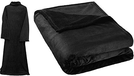 Premium Elegante Tagesdecke mit Ärmeln - Soigné Black (140 x 180 cm) optimale Wärmeisolierung - Fleece Ärmeldecke Kuscheldecke Wärmedecke Ärmel Decke Plaid - Schwarz