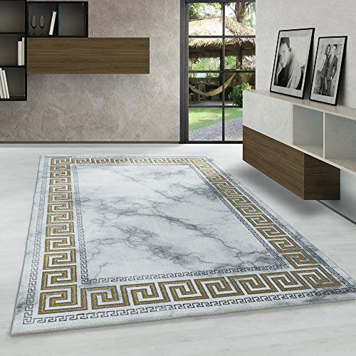 Carpetsale24 Modern Designer Teppich, Kurzflor Mäander - Marmor Optik, Rechteckig, Grau und Goldfarbe Teppich, Pflegeleicht, Wohnzimmerteppich, Größe:120 x 170 cm