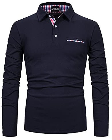 APAELEA Men's Long Sleeve Polo Shirt Casual Rugby Shirts with Plaid Down Collar,Navy,XL