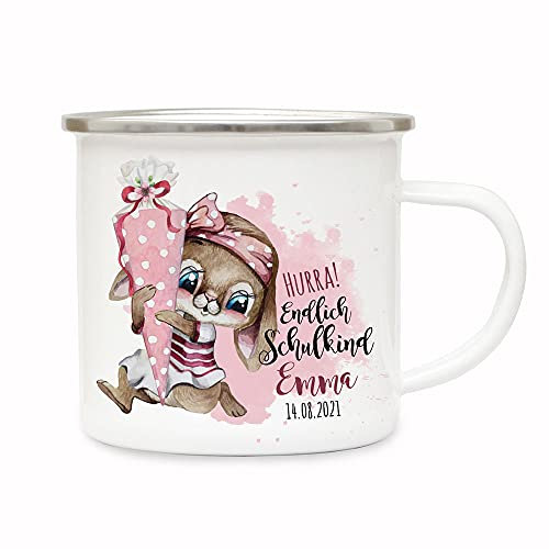 ilka parey wandtattoo-welt Emaille Becher Einschulung Tasse Hasen Mädchen Schultüte Spruch Hurra endlich Schulkind & Name Wunschdatum Kaffeetasse Geschenk eb601