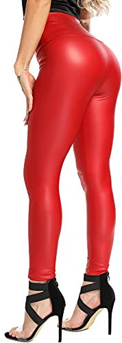 RIOJOY Leggins in Ecopelle da Donna Pantaloni in Pelle a Vita Alta Push Up Sexy Elastico Skinny Leggings Collant, Rosso XXL