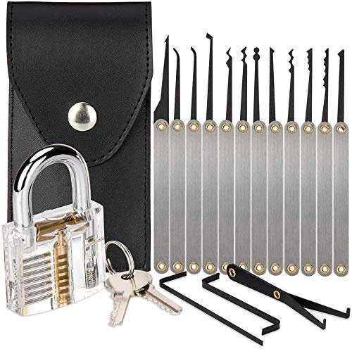 Lockpicking Set, 15-teiliges Dietrich Set mit Transparentem Training Vorhängeschloss für Anfänger und Schlossertraining