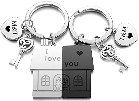 JSDDE 2 Stück Hause Schlüsselanhänger mit Gravur Süße Anhänger mit Creative Design Schlüsselanhänger Schlüsselringe Geschenk für Pärchen Freunde Papa Mama Familie