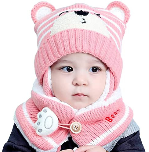 NLAND Wintermütze Baby Schal Set für Mädchen Jungen 6-24 Monaten | Strickmütze ist Warm,Weich und Bequem,Bezauberndes und Charmantes Design,Schal Verfügt Über Einen Verstellbaren Knopf