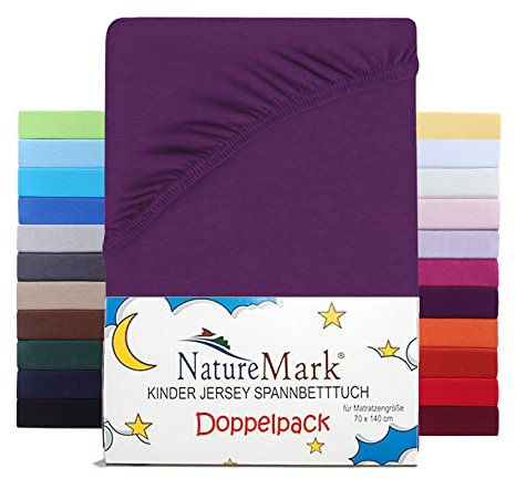 NatureMark 2er Set Kinder Spannbettlaken Jersey, Spannbetttuch 100% Baumwolle, für Babybett und Kinderbett | 70x140 cm - Lila