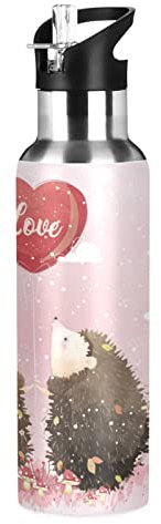 Vnurnrn Mignon Amour Bébé Animal Hérisson Bouteille d'eau Isotherme avec Paille en Acier Inoxydable Gourde 600ML, Sans Bpa Gourdes Eau pour Enfant Sport Randonnée École Bureau