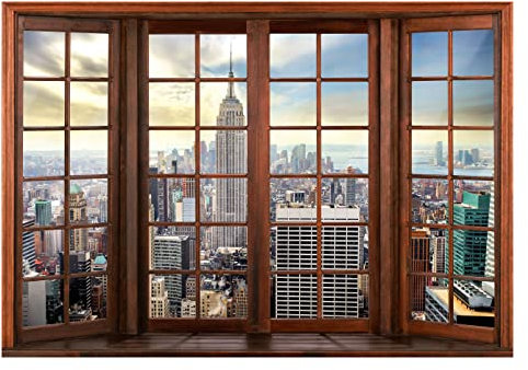 Fototapete Fenster New York 3D EFFEKT Stadt Fensterblick Ausblick Wohnzimmer Schlafzimmer Vlies Tapete inkl. Kleister Wandtapete UV-Beständig Montagefertig (416x290 cm - 4 Bahnen)