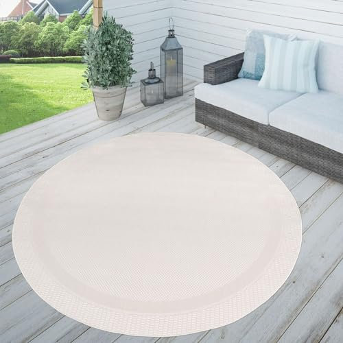 TT Home In-& Outdoorteppich Wetterfest Terrasse Küche Modern Mit Umrandung Unifarben, Farbe: Weiß Creme, Größe:120 cm Rund