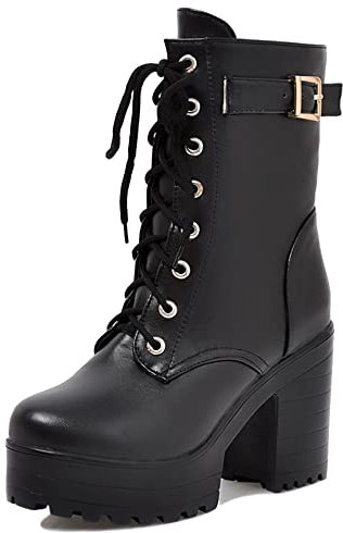 Lroey Reoly Stivaletti da Donna con Tacco a Blocco, Stivali da Vestito Tacco Alto Punta Rotonda Polacchine Cordoncino Plateau Stivali da Combattimento 207 Nero/Lm Numero 33 EU