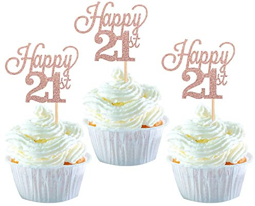 SYKYCTCY 24 Pack Happy 21st Cupcake Toppers Glitter Number 21 Twenty-one Sweet 21 Cupcake Picks 21st Birthday Wedding Anniversary Party Cake Decorations Supplies Rose Gold