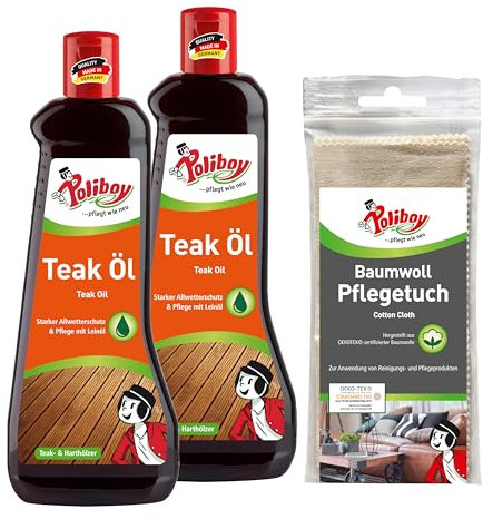 Poliboy, olio per la cura del legno per legni duri scuri, protezione del legno e rinnovamento dei colori, ideale per mobili da giardino, 2 x 500 ml, con panno di cotone, prodotto in Germania