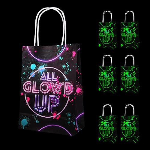 8 Stück Glow Neon Party Papiertüten Kindergeburtstag, Kraftpapiertüten Geschenktüten Papier, Candy Tüten Glow Neon Partyzubehör für Schwarzlicht Partydekorationen