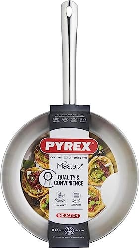Pyrex Frying Pan Master Stainless Steel for Induction, Electric, Gas and Ceramic Glass Hobs, Cookware, Kitchen (28cm Pyrex Master Frying Pan), MX24BFX/HDL, Silver