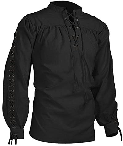 Leinen Hemden Herren, Römer Sommer Shirt Gothic Cosplay Vintage Mittelalter Hemd Wikinger Slim Fit Hemden Historische Kettenhemd Schwarz 4XL Ohne Kragen Piratenkostüm Sommerhemd