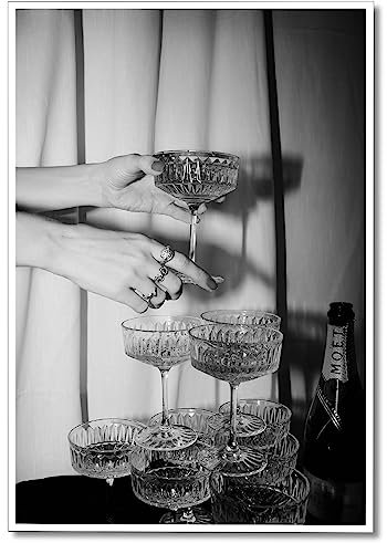 nghtuiyocw Black and White Champagne Glasses Canvas Wall Art, Vintage Funky Bar Cart Art Decor, Retro Champagne Tower Poster Wine Decorations, Kitchen Dining Room Pub Decor Prints 12x16in Unframed