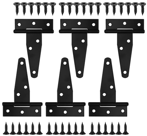 6 Pack 3 Inch T Strap Hinges, Shed Door Gate Hinges, Heavy Duty Black Outdoor Tee Hinge for Wooden Fences, Barn Door Gates Hinge for Shed Door Hardware (6, 3 Inch)