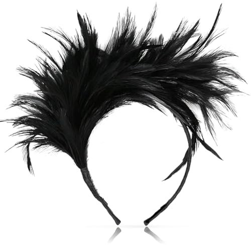 Aurasky Feder Stirnband Schwarz, Feder Haarschmuck, Kopfschmuck 20er Jahre, Haarband Schwarz, Vintage Haarreif für Halloween Fasching Karneval Cosplay Hochzeit Party