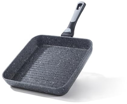 HOUSZY Non-Stick Grill Pan with Removable Bakelite Handle 26cm – Grill Pan for All Hobs, (Oven Safe Without Handle) – Non-Stick, Food-Safe, Eco-Friendly Aluminium Build