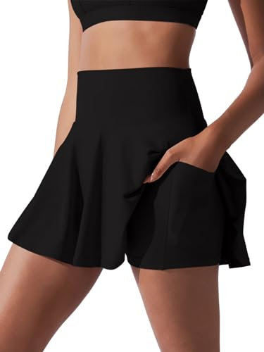 REORIA Damen Sport Tennis Mini Rock Faltenröcke Ausgestellte Röcke Hohe Taille A-Linie Schule Tanz Skort mit Shorts-Futter Schwarz M