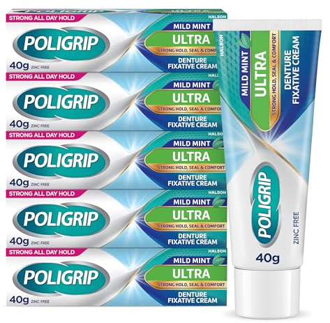 Poligrip Denture Adhesive Cream, False Teeth and Partials Fixative, Ultra, 40 g (Pack of 5)