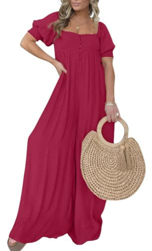 shownicer Damen Elegant Jumpsuit Quadratischem Ausschnitt Lang Overall Hosenanzug Playsuit Romper A Rose Rot S