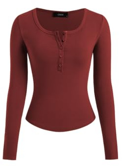 CIDER Henley Shirts for Women Long Sleeve Slim Fitted Basic Business Casual Tops for Women Button Ribbed Knit Base Layer, Wine, XS