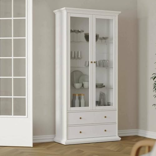 Dmora - Vitrine Gaetane, Glas-Sideboard, Mehrzweckvitrine, Hängendes Bücherregal mit Glastüren, 96x42 h201 cm, Weiß