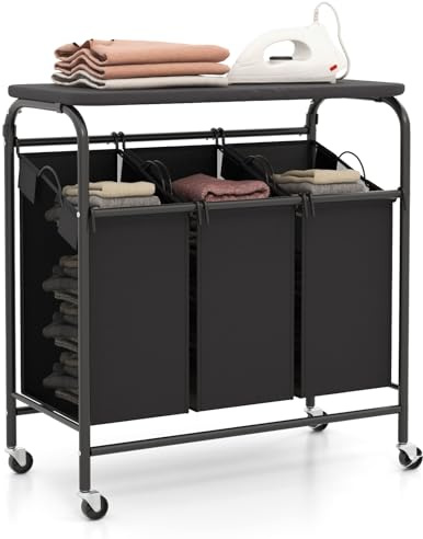GOPLUS Carrito Clasificador de Ropa con 3 Bolsas, Cesto para Ropa Sucia con Tabla de Planchar Plegable, Bolsas Removibles y Ruedas Bloqueables, para Almacenamiento de Ropa, Lavandería y Baño