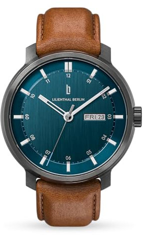 Lilienthal Berlin Neolux Day Date Automatik Uhr Dark Silver Blue – hochwertige Herrenuhr am hellbraunen Leder-Armband aus Chirurgenstahl mit Automatikwerk & saphirgehärtetem Mineralglas – 42mm